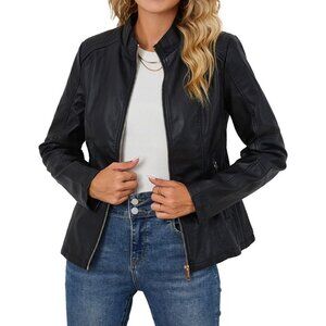 Women's Coal Black Faux Leather Quilted Shoulders & Zipper Classic Biker Jacket